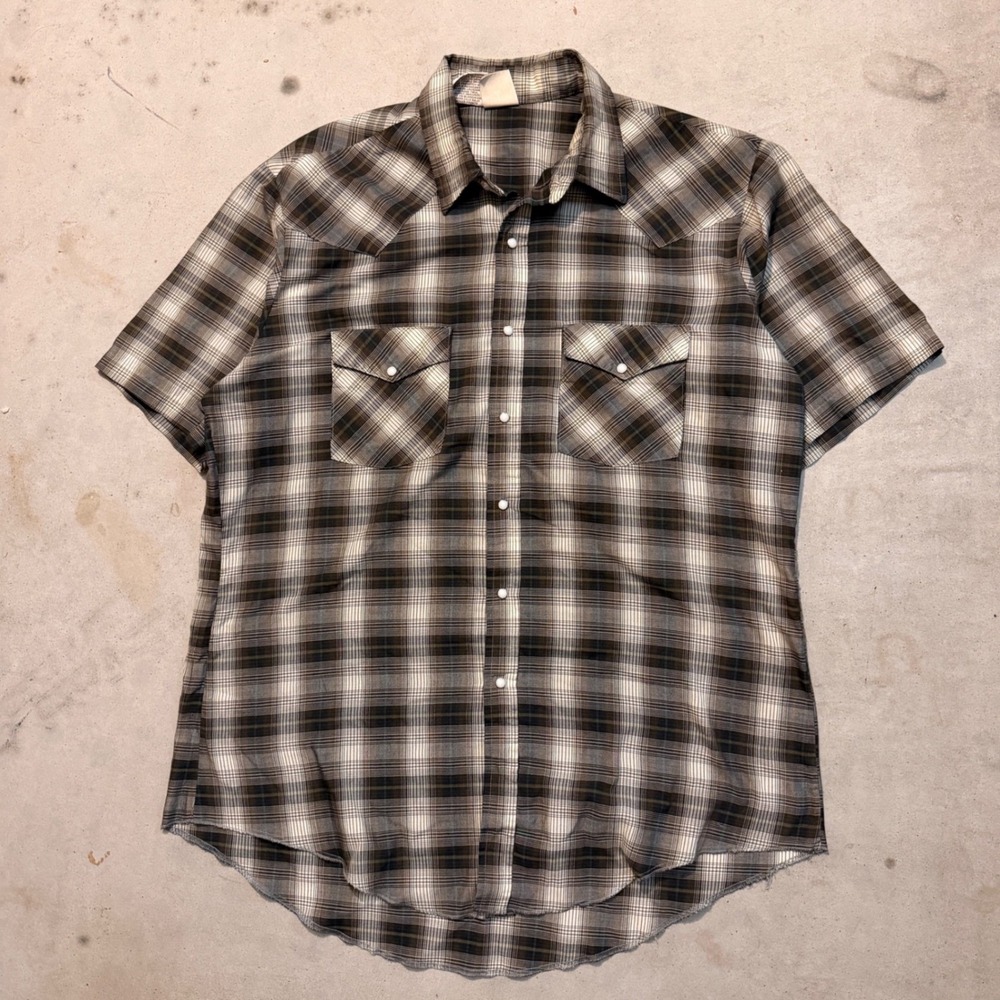 Western‎ Frontier Pearl Snap Shirt Mens Large Brown Plaid Good Short Sleeve Yoke